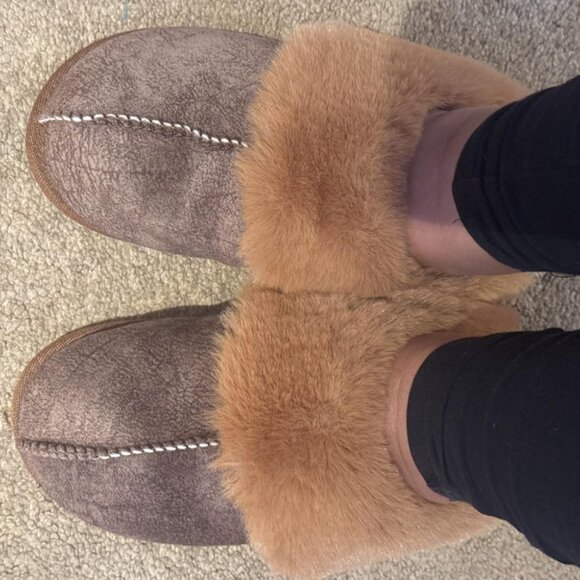 🆕Women Brown Suede Fluff Dual Memory Foam Arch Support Warm Scuff Slipper - Picture 2 of 10
